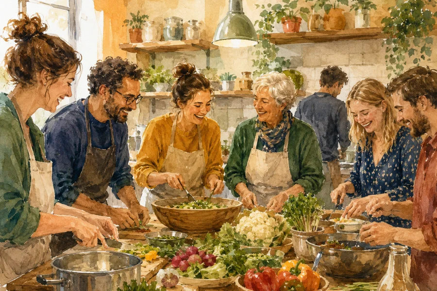 Aquarelle représentant un groupe d'adultes européens réunis autour d'une grande table dans une cuisine communautaire, cuisinant ensemble et riant, tons chauds et ambrés