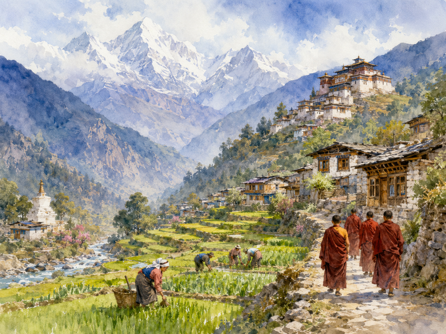 Paysage de montagne himalayen avec architecture traditionnelle, agriculteurs dans des champs en terrasses, moines marchant sur un chemin, harmonie entre le peuple, la nature et la culture, illustration aquarelle