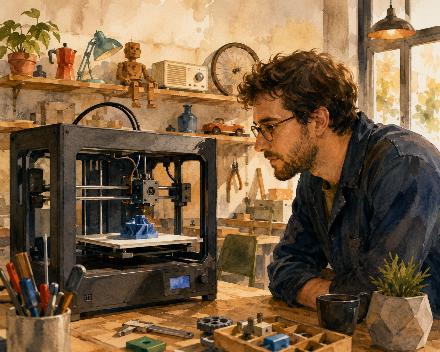 Illustration aquarelle d'une imprimante 3D en fonctionnement dans un FabLab français, technicien observant l'impression d'une petite pièce, étagères d'objets réparés derrière, lumière chaude d'atelier, style aquarelle contemporain teintes ambrées avec accents graphiques tech