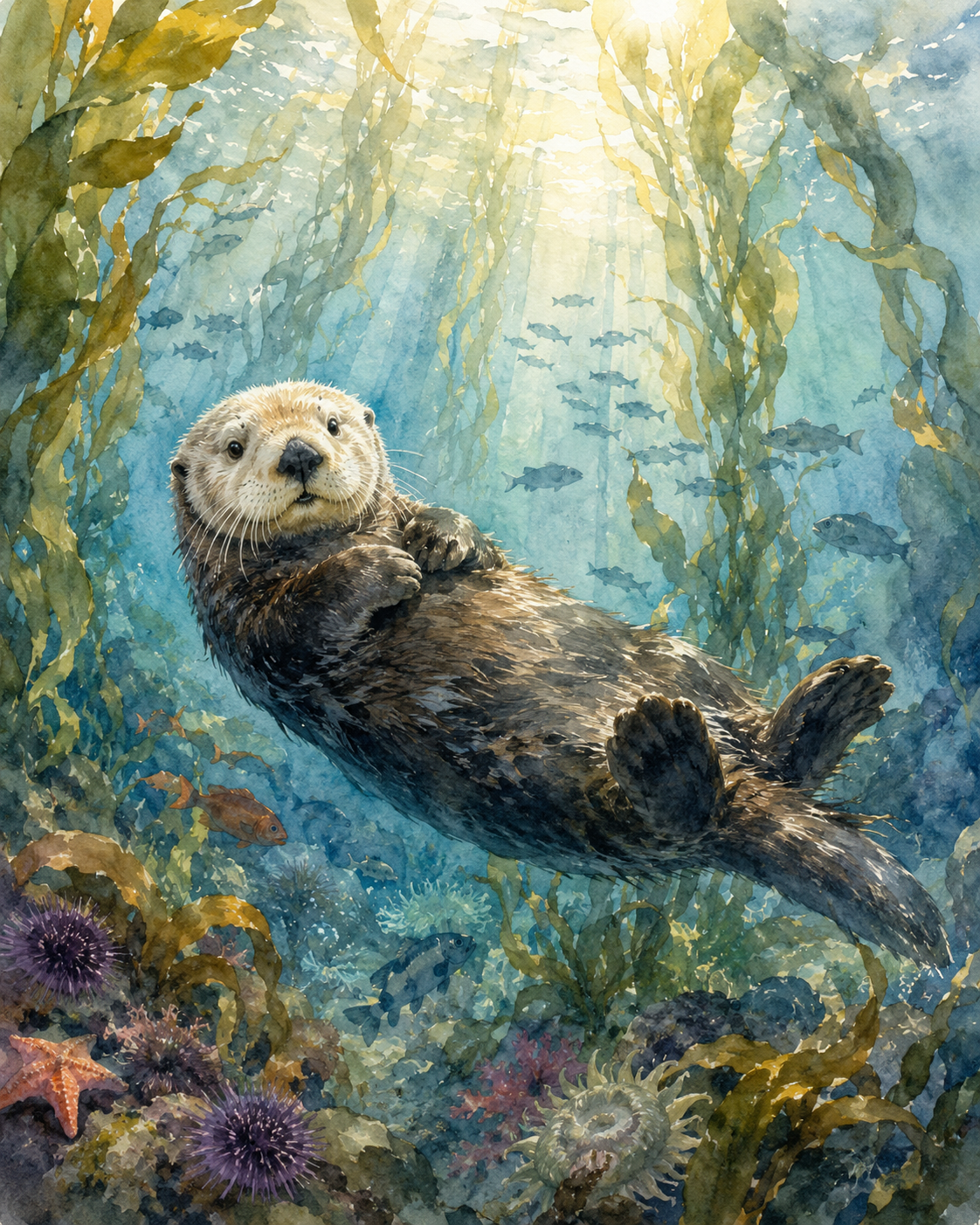 Loutre de mer flottant sur le dos dans une forêt de kelp, lumière filtrant à travers les grandes frondes de varech, poissons et vie marine tout autour, atmosphère côtière pacifique, illustration aquarelle