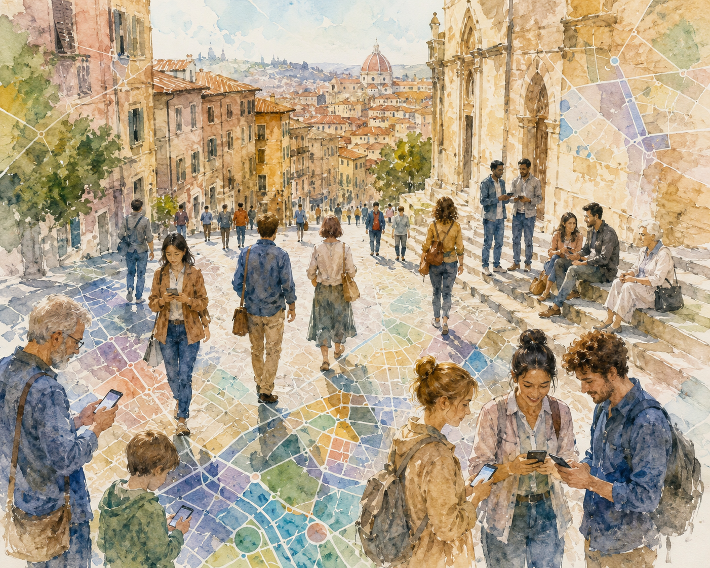 Vue aérienne d'une rue européenne animée avec un léger calque de lignes de carte colorées, des passants de différents âges utilisant des smartphones, architecture de ville historique européenne en arrière-plan, atmosphère chaleureuse et collaborative, illustration aquarelle