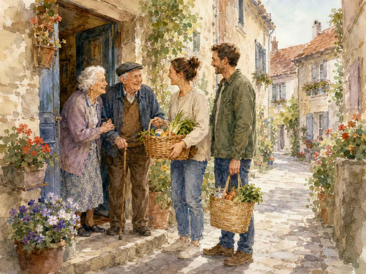 Homme et femme âgés aidés par de jeunes voisins dans une rue de quartier chaleureuse, portes ouvertes et jardinières fleuries, solidarité intergénérationnelle naturelle, illustration aquarelle